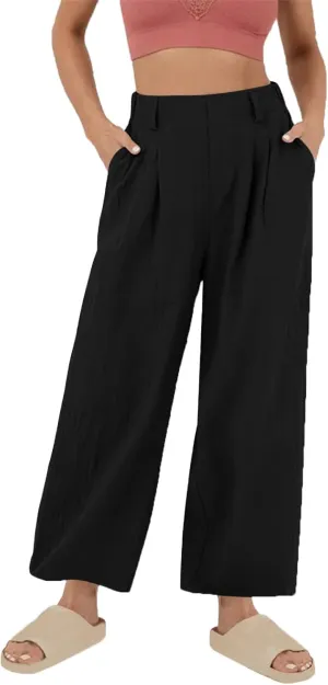 Women's High-Waisted Wide Leg Linen Pants Casual Loose Palazzo Trousers with Pockets Comfy Smocked Flowy Beach Pants
