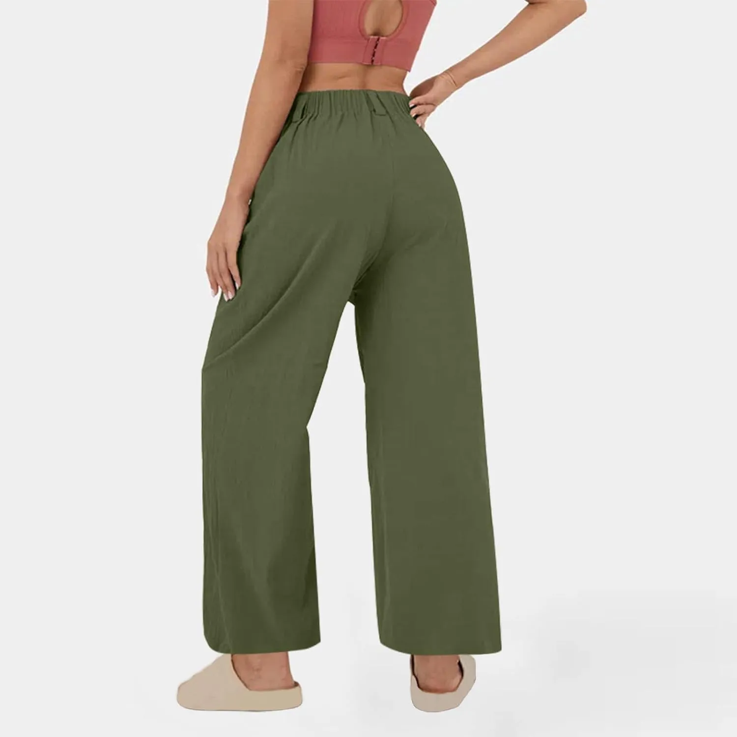 Women's High-Waisted Wide Leg Linen Pants Casual Loose Palazzo Trousers with Pockets Comfy Smocked Flowy Beach Pants
