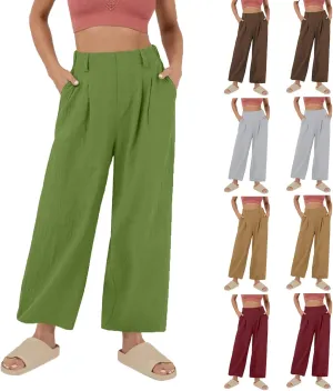 Women's High-Waisted Wide Leg Linen Pants Casual Loose Palazzo Trousers with Pockets Comfy Smocked Flowy Beach Pants