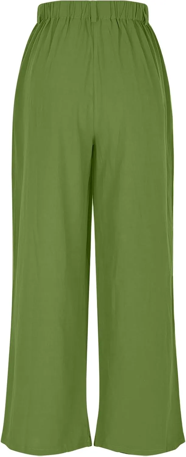 Women's High-Waisted Wide Leg Linen Pants Casual Loose Palazzo Trousers with Pockets Comfy Smocked Flowy Beach Pants