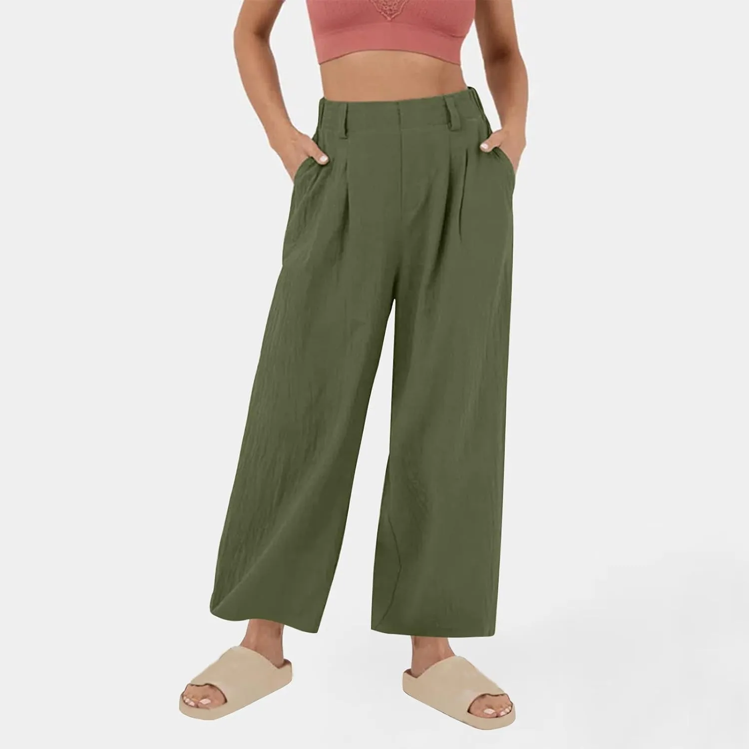 Women's High-Waisted Wide Leg Linen Pants Casual Loose Palazzo Trousers with Pockets Comfy Smocked Flowy Beach Pants