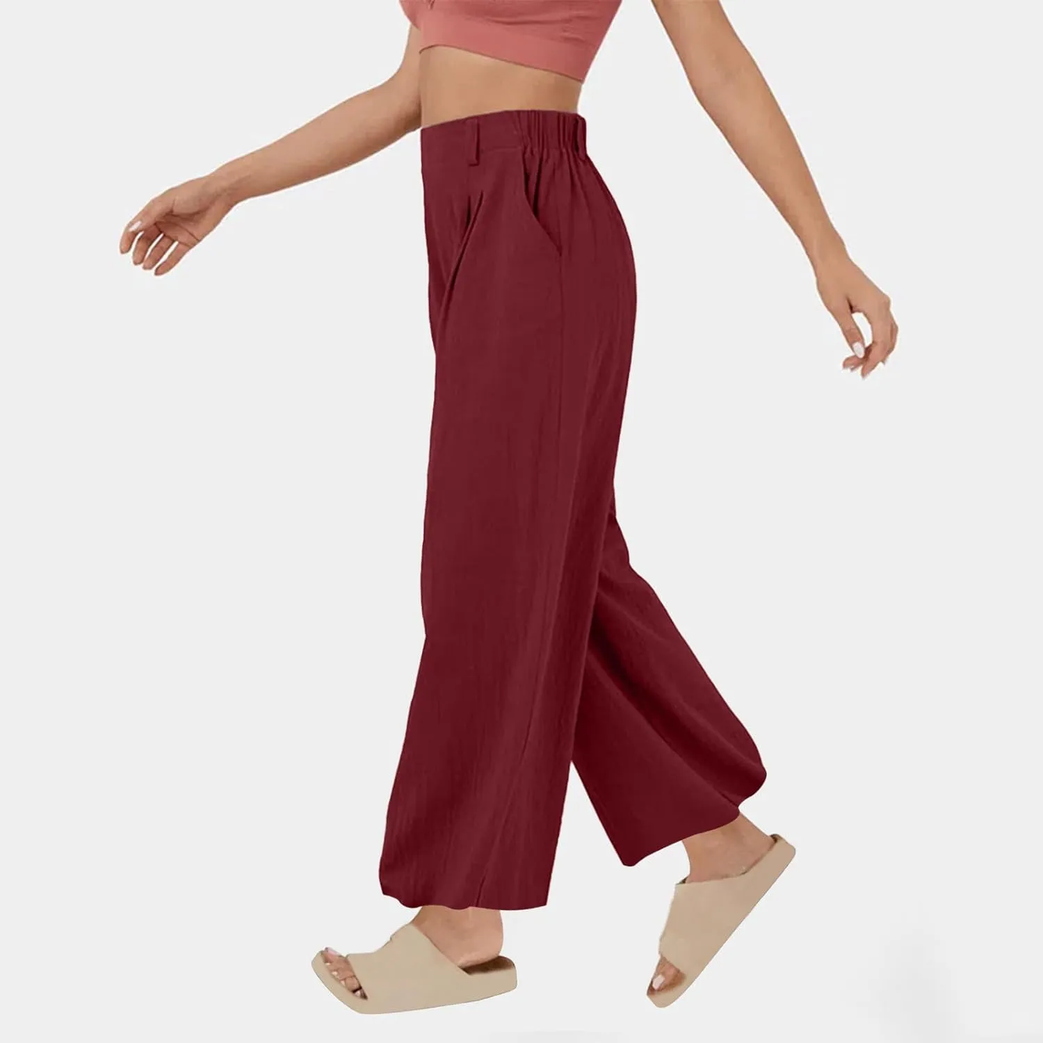 Women's High-Waisted Wide Leg Linen Pants Casual Loose Palazzo Trousers with Pockets Comfy Smocked Flowy Beach Pants