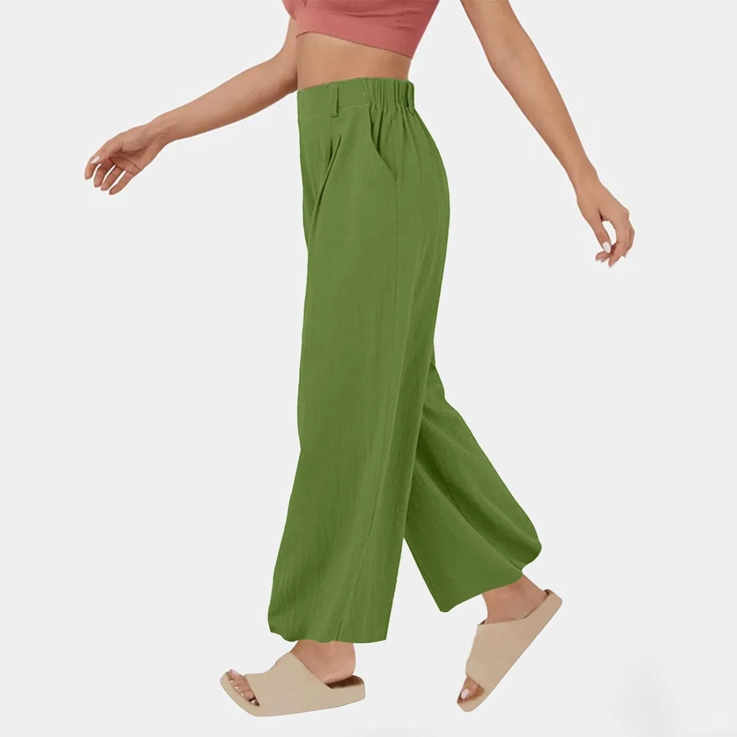 Women's High-Waisted Wide Leg Linen Pants Casual Loose Palazzo Trousers with Pockets Comfy Smocked Flowy Beach Pants