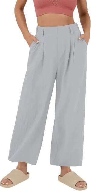 Women's High-Waisted Wide Leg Linen Pants Casual Loose Palazzo Trousers with Pockets Comfy Smocked Flowy Beach Pants