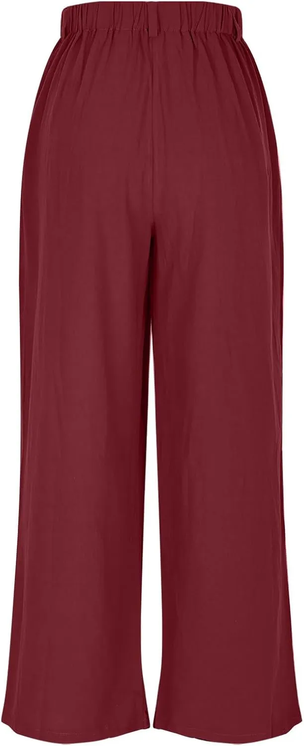 Women's High-Waisted Wide Leg Linen Pants Casual Loose Palazzo Trousers with Pockets Comfy Smocked Flowy Beach Pants