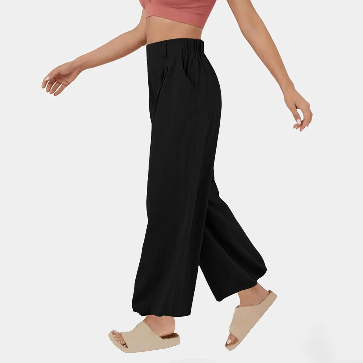 Women's High-Waisted Wide Leg Linen Pants Casual Loose Palazzo Trousers with Pockets Comfy Smocked Flowy Beach Pants