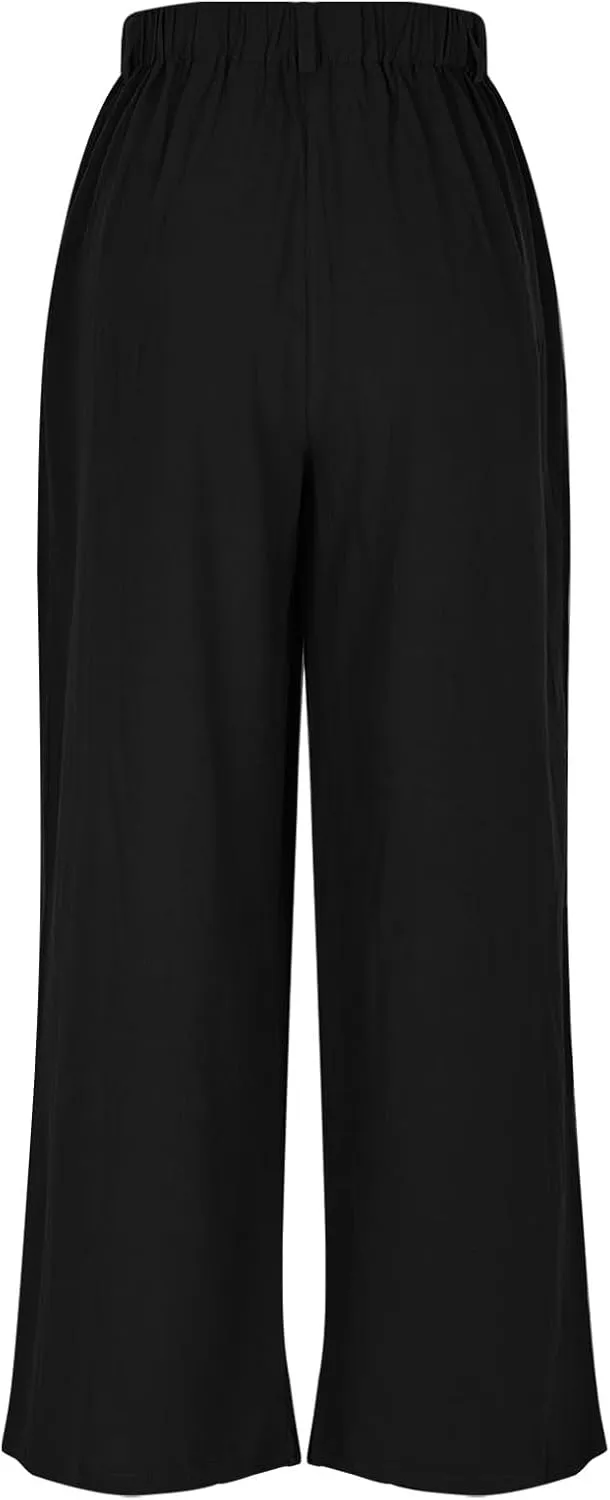 Women's High-Waisted Wide Leg Linen Pants Casual Loose Palazzo Trousers with Pockets Comfy Smocked Flowy Beach Pants