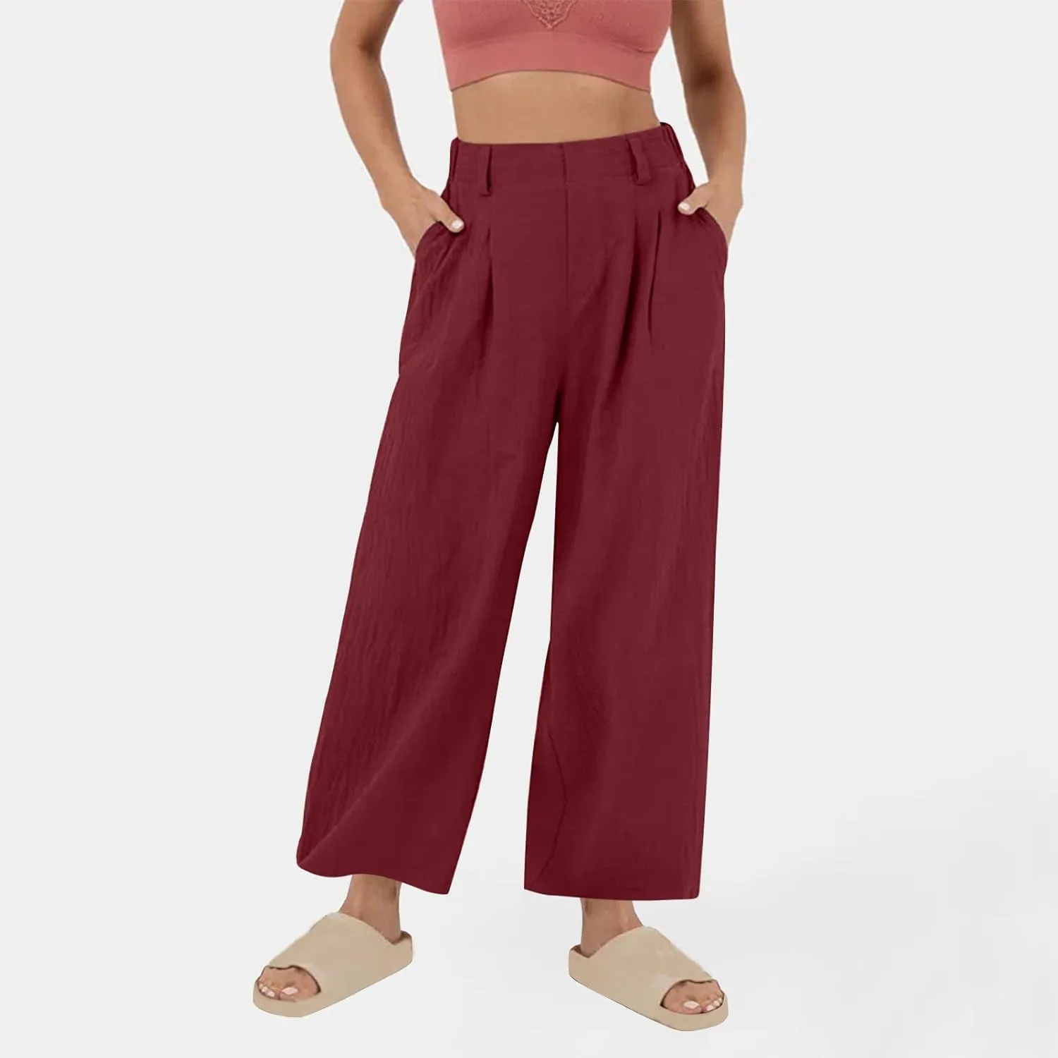 Women's High-Waisted Wide Leg Linen Pants Casual Loose Palazzo Trousers with Pockets Comfy Smocked Flowy Beach Pants