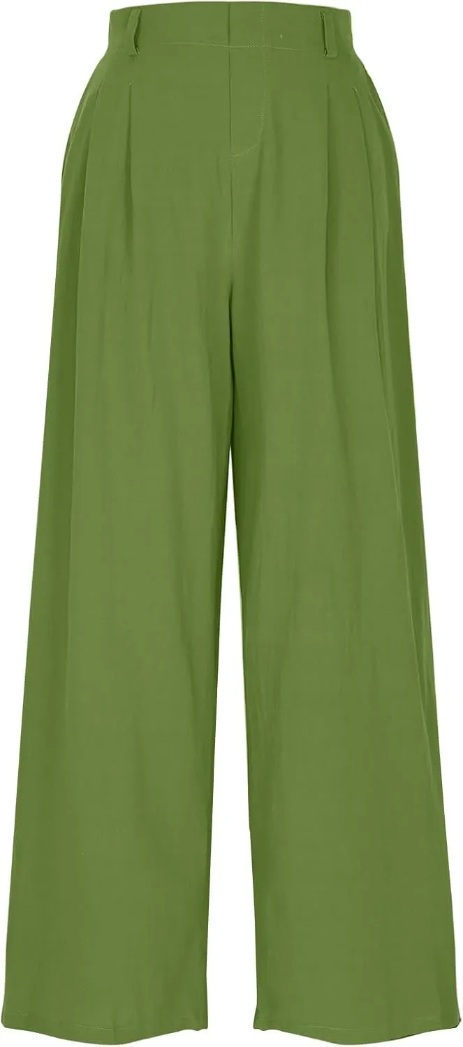 Women's High-Waisted Wide Leg Linen Pants Casual Loose Palazzo Trousers with Pockets Comfy Smocked Flowy Beach Pants