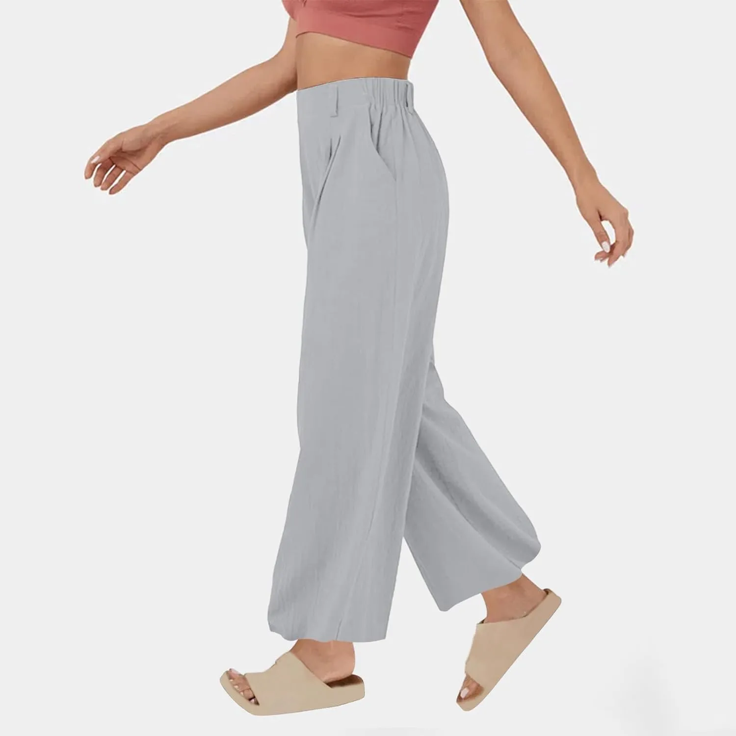 Women's High-Waisted Wide Leg Linen Pants Casual Loose Palazzo Trousers with Pockets Comfy Smocked Flowy Beach Pants