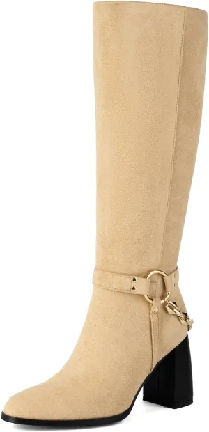 Women's Knee High Boots Chunky High Heels Classic Suede Mid Calf Boots with Chain Round Toe Pull On Fashion Buckles Dressy Boot Sexy Boot