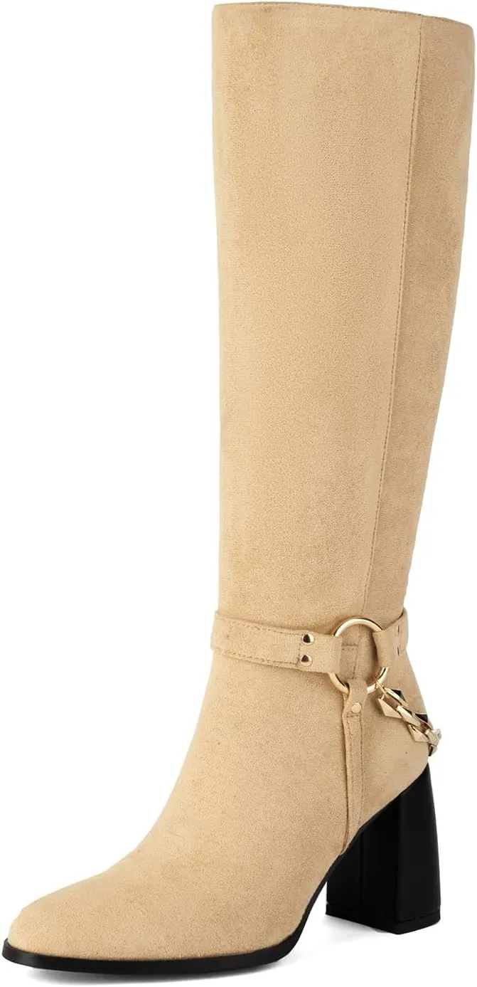 Women's Knee High Boots Chunky High Heels Classic Suede Mid Calf Boots with Chain Round Toe Pull On Fashion Buckles Dressy Boot Sexy Boot