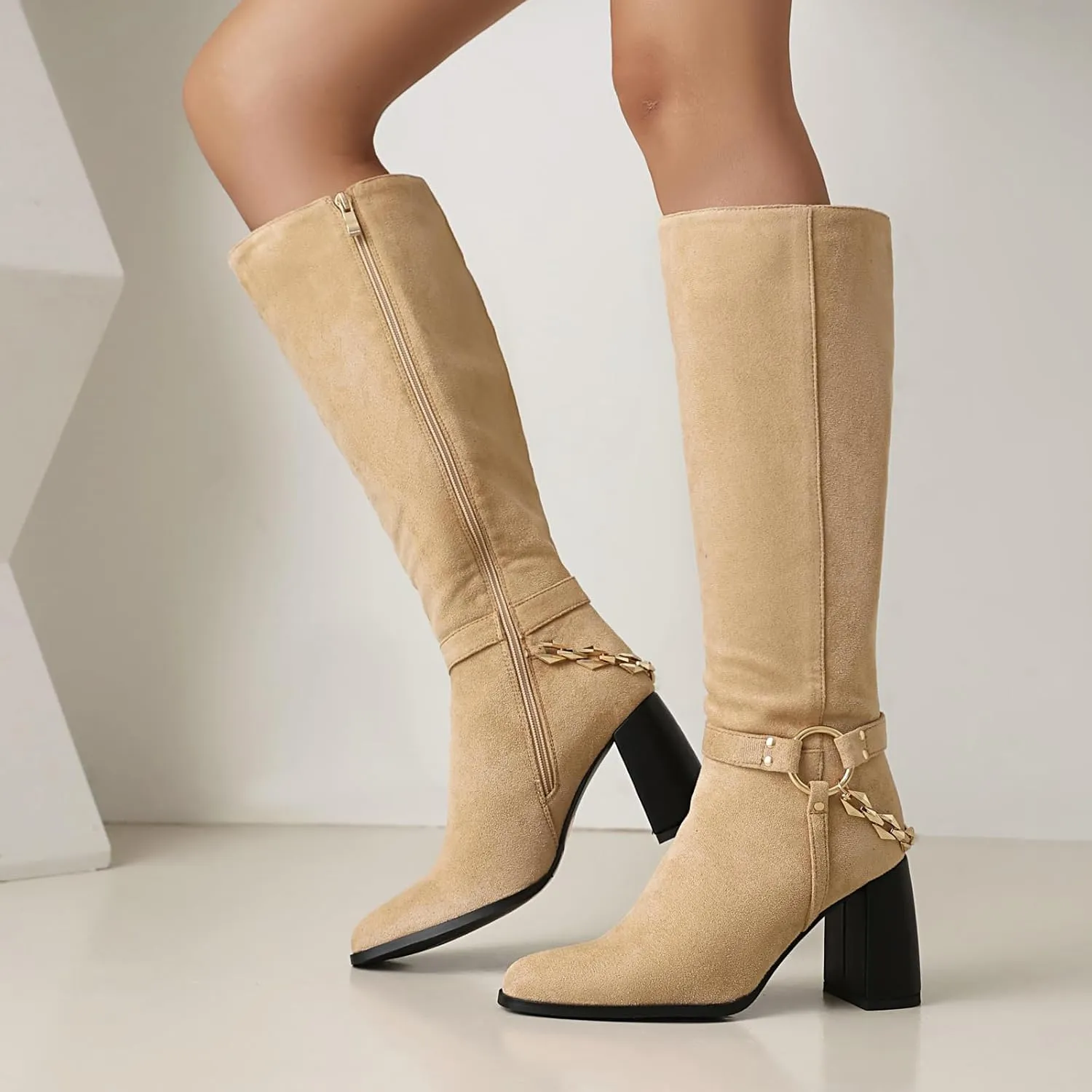 Women's Knee High Boots Chunky High Heels Classic Suede Mid Calf Boots with Chain Round Toe Pull On Fashion Buckles Dressy Boot Sexy Boot
