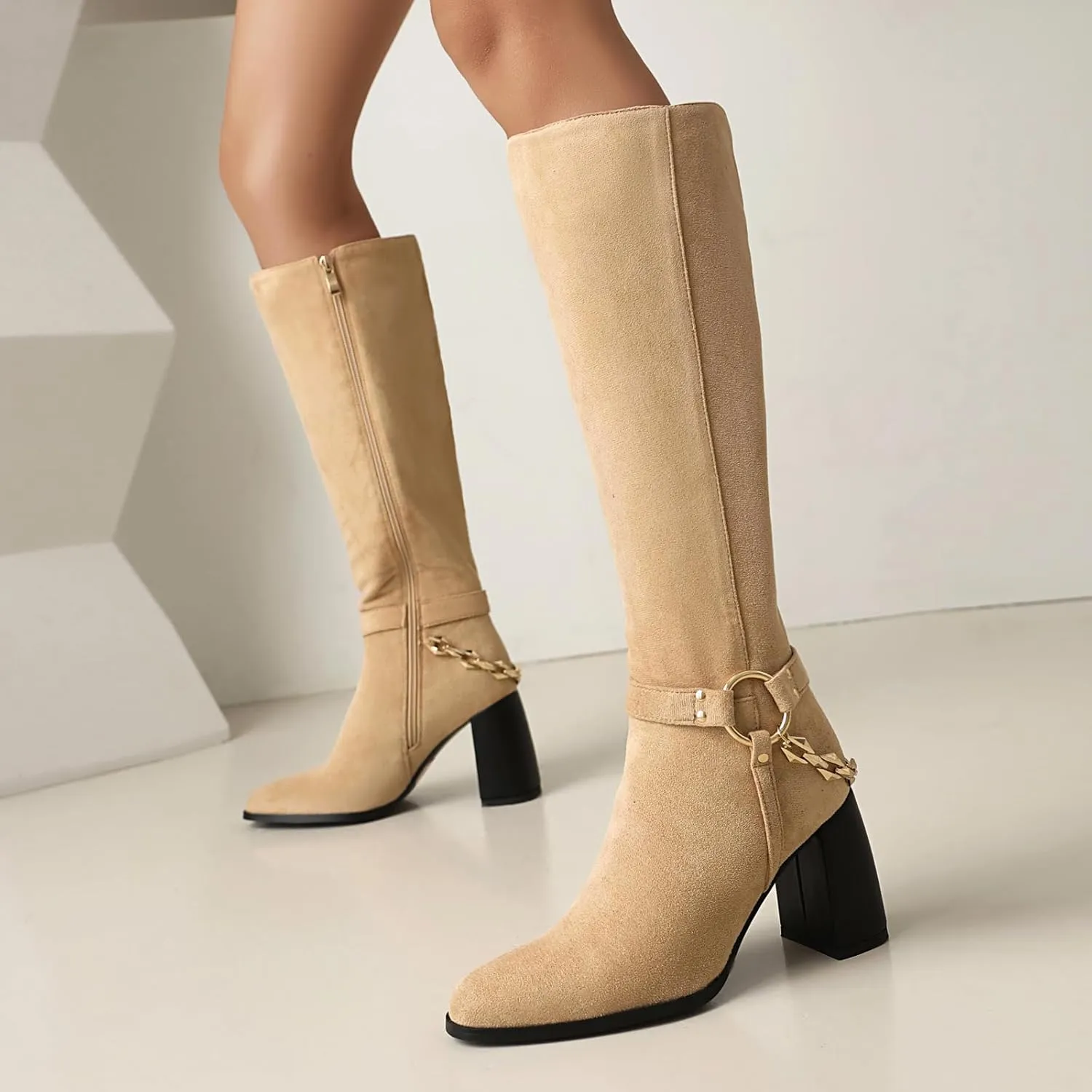 Women's Knee High Boots Chunky High Heels Classic Suede Mid Calf Boots with Chain Round Toe Pull On Fashion Buckles Dressy Boot Sexy Boot