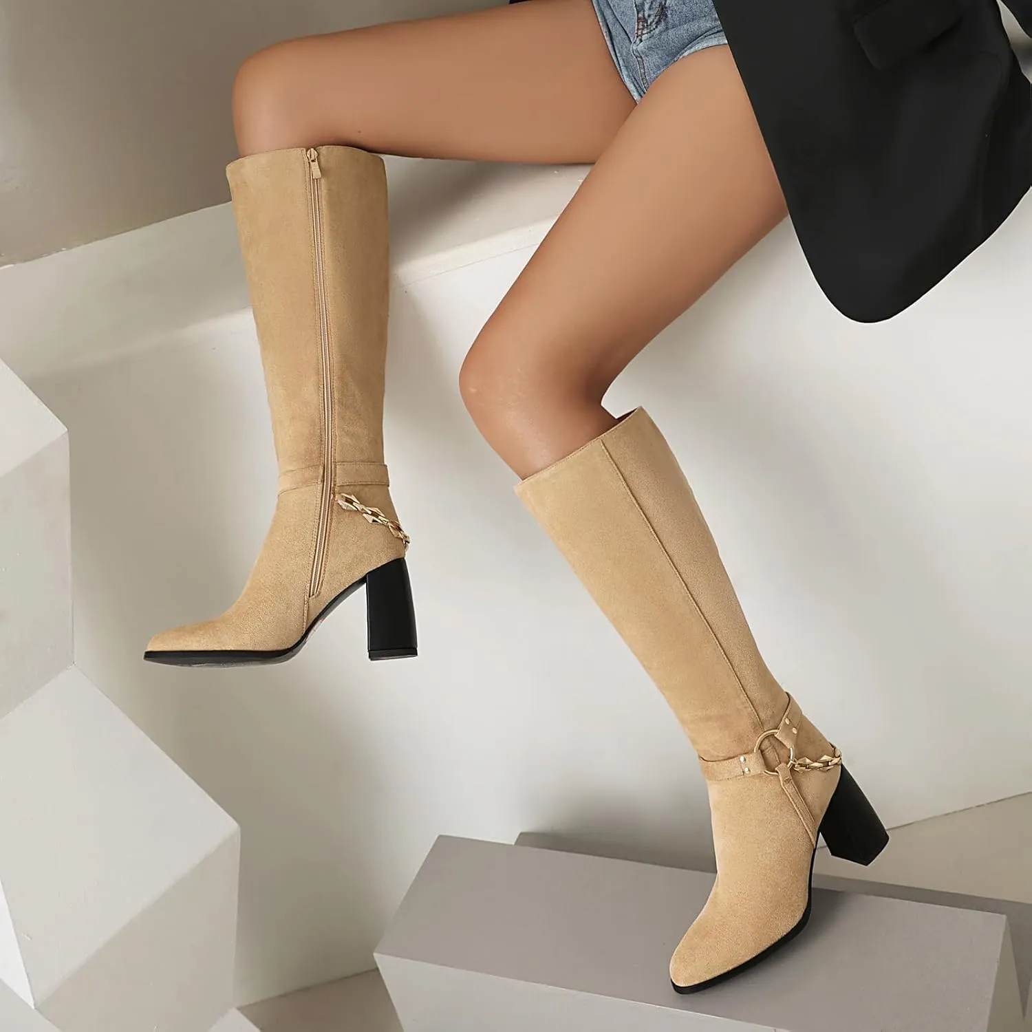 Women's Knee High Boots Chunky High Heels Classic Suede Mid Calf Boots with Chain Round Toe Pull On Fashion Buckles Dressy Boot Sexy Boot