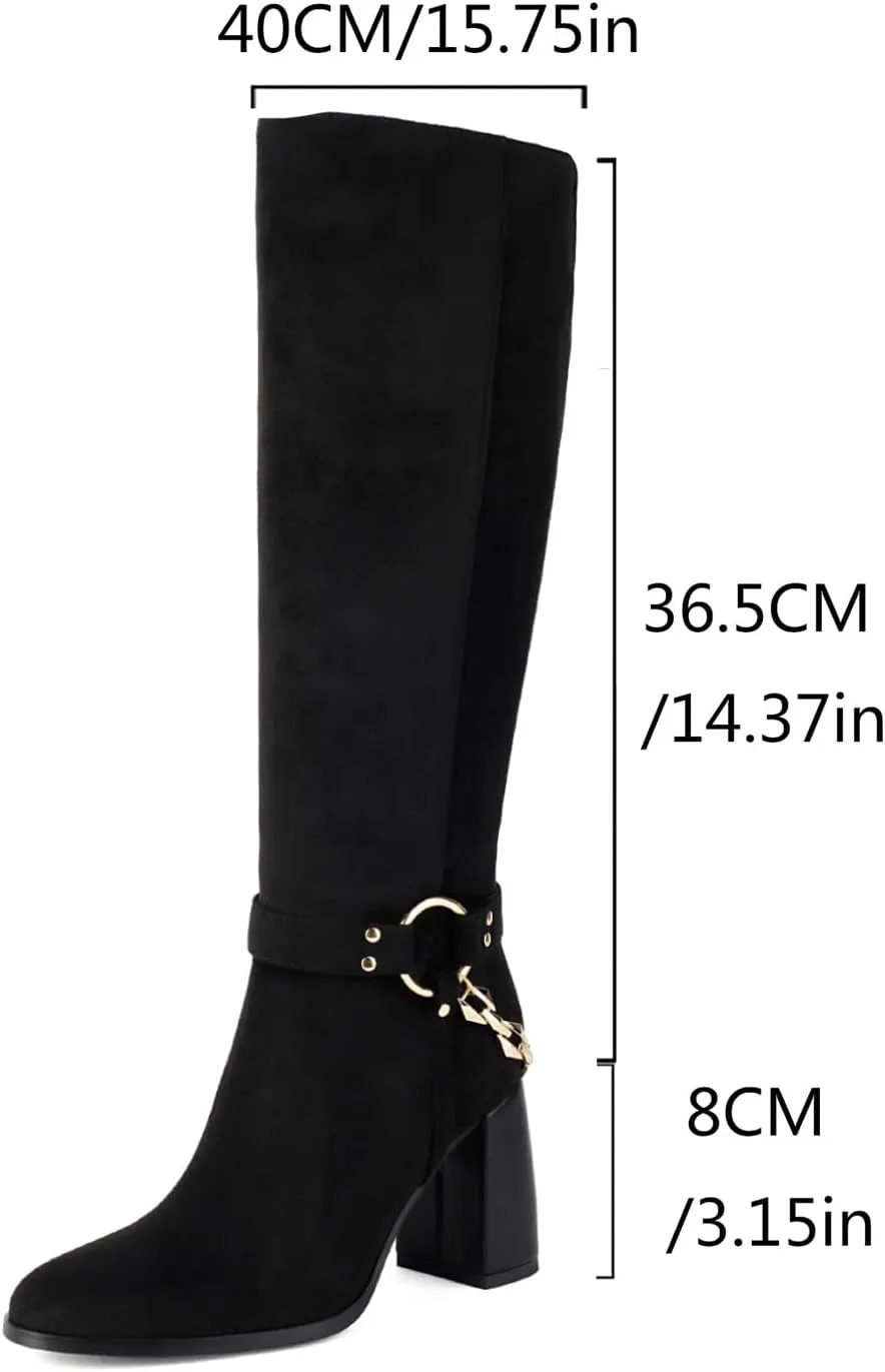 Women's Knee High Boots Chunky High Heels Classic Suede Mid Calf Boots with Chain Round Toe Pull On Fashion Buckles Dressy Boot Sexy Boot