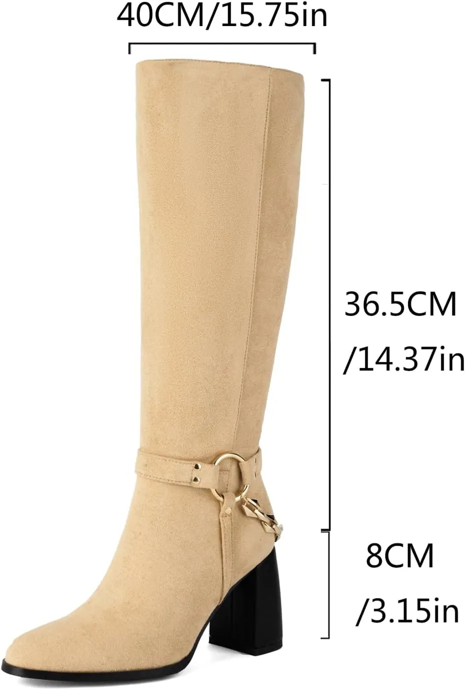Women's Knee High Boots Chunky High Heels Classic Suede Mid Calf Boots with Chain Round Toe Pull On Fashion Buckles Dressy Boot Sexy Boot