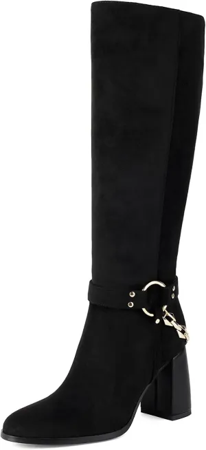 Women's Knee High Boots Chunky High Heels Classic Suede Mid Calf Boots with Chain Round Toe Pull On Fashion Buckles Dressy Boot Sexy Boot