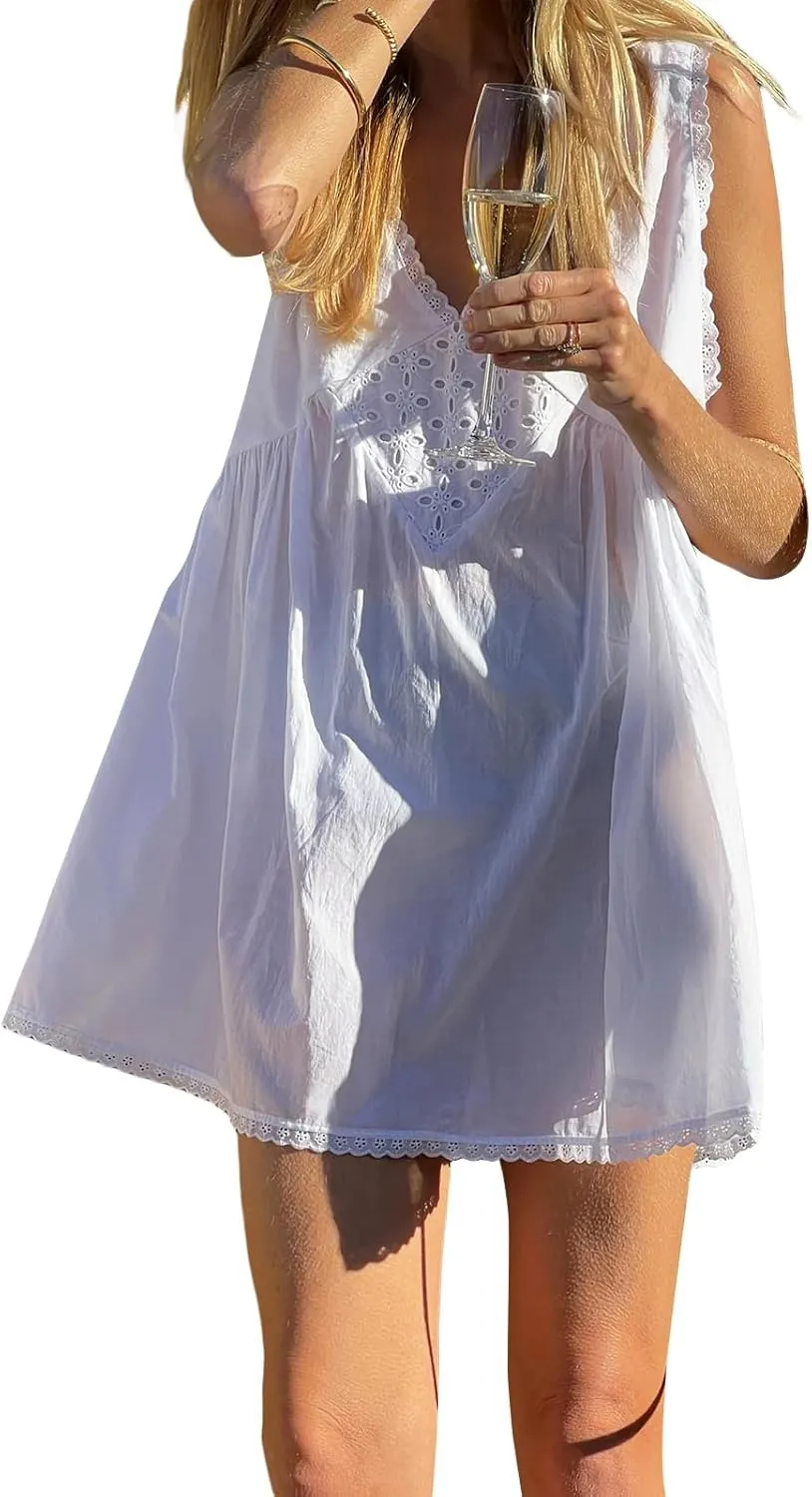 Womens Lace Mini Dress Y2k Aesthetic Summer Flowy Going Out Boho Ruffle Hem Floral Short Dress Beachwear