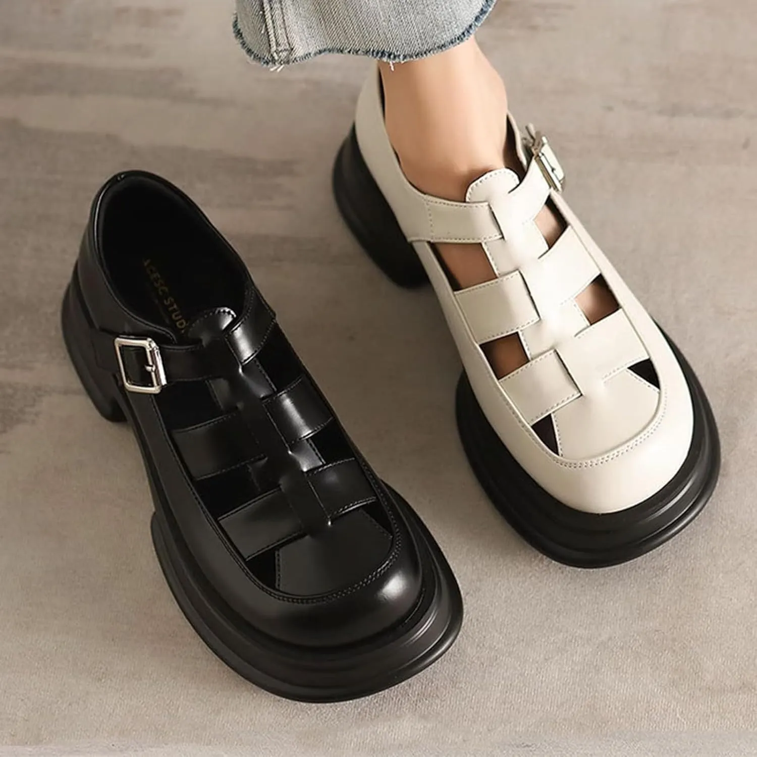 Women'S Leather Braid Caged Platform Fisherman Sandals, Summer Closed Round Toe Adjustable Ankle Strap Hollow Out Chunky Gladiator Sandals Casual Beach Y2k Sandals