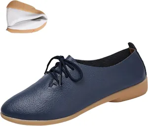Women's Leather Pointed Toe Casual Flat Shoes,Lightweight Comfort Lace-up Non Slip Softsole Oxford Dress Loafers