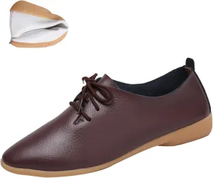 Women's Leather Pointed Toe Casual Flat Shoes,Lightweight Comfort Lace-up Non Slip Softsole Oxford Dress Loafers
