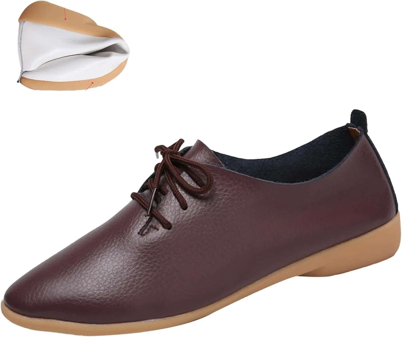 Women's Leather Pointed Toe Casual Flat Shoes,Lightweight Comfort Lace-up Non Slip Softsole Oxford Dress Loafers