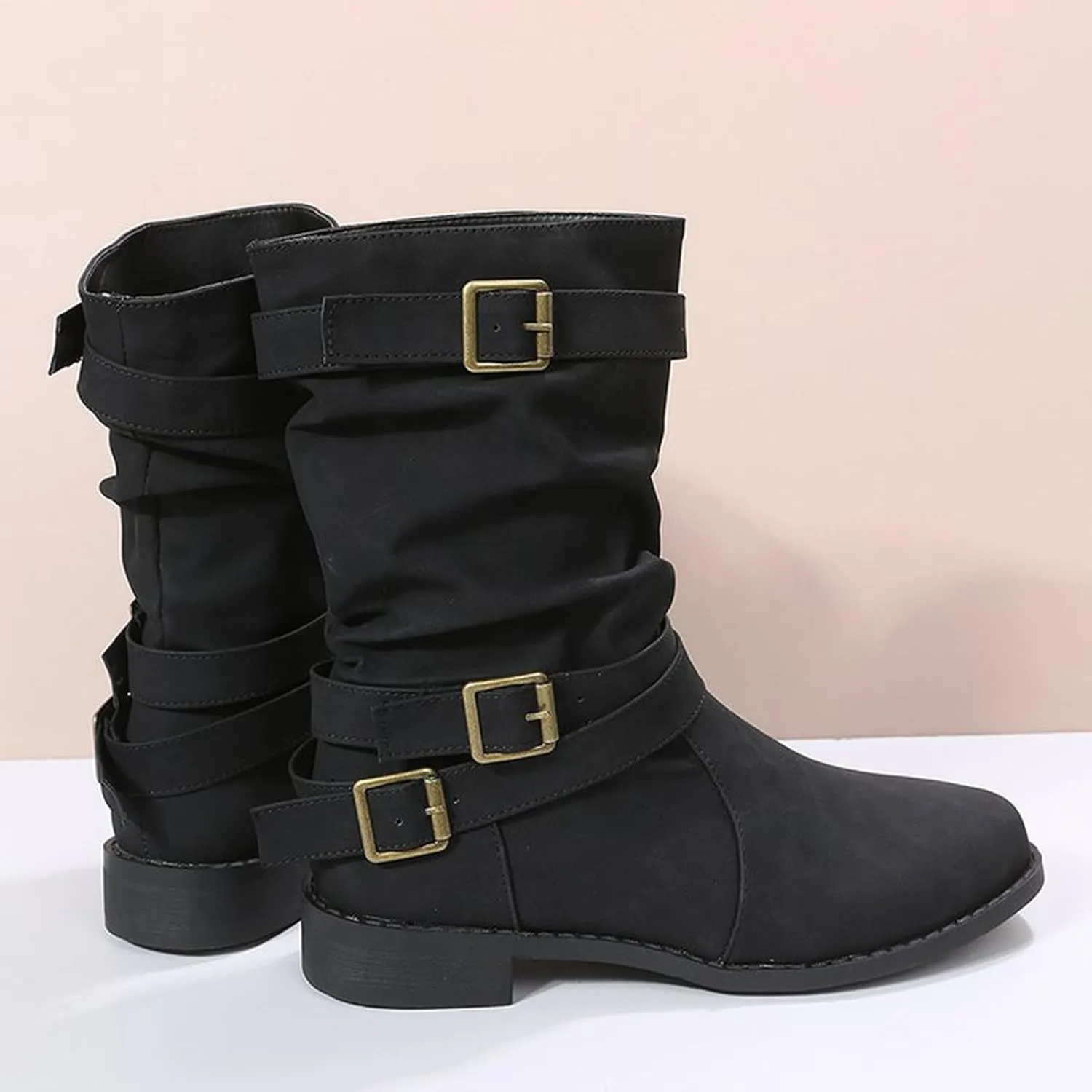 Women's Leather Slouchy Buckle Mid-Calf Boots Comfort Wide Round Toe Slip On Lug Sole Motorcycle Combat Boots Winter Low Heel Knight Boots Wide Calf Knee High Boots