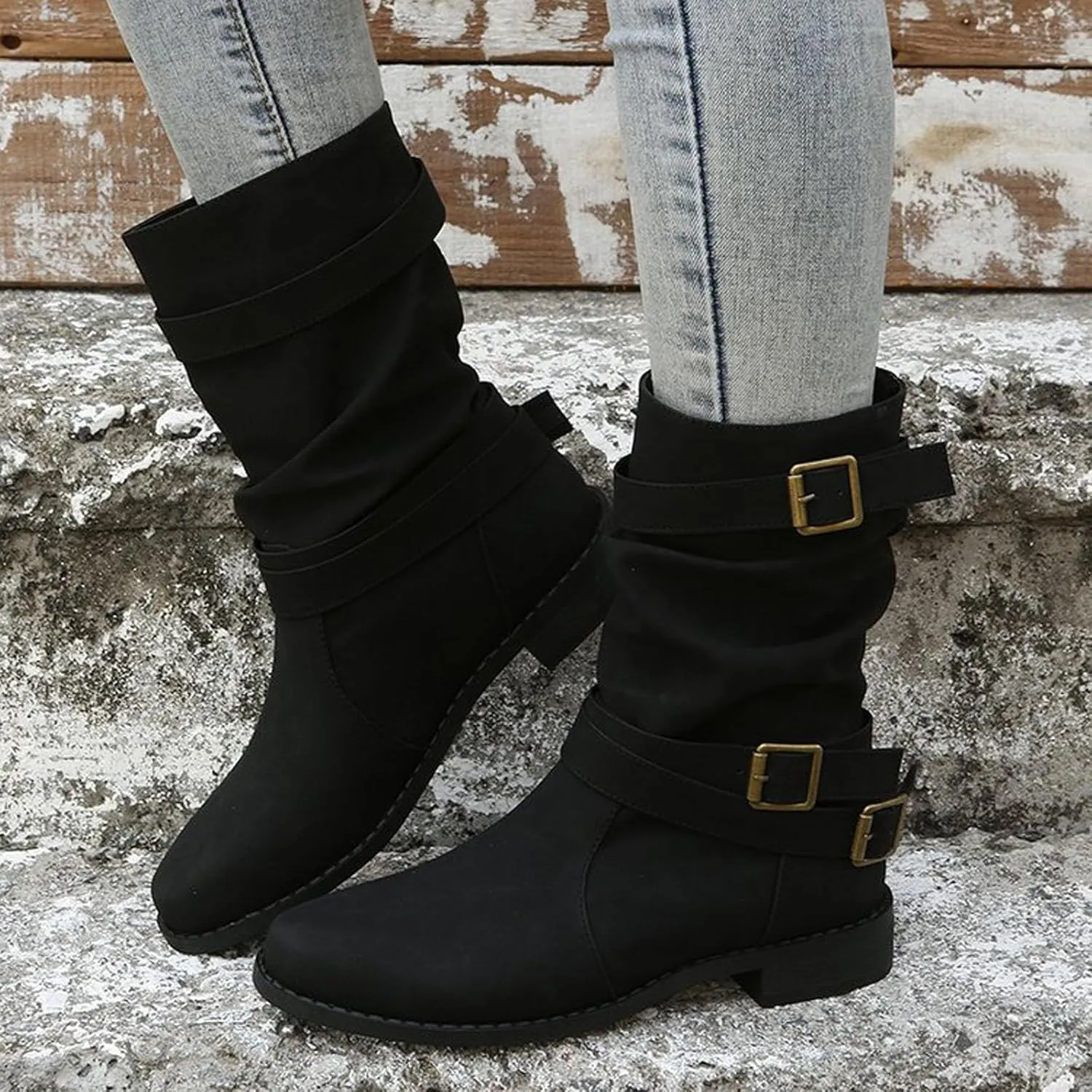 Women's Leather Slouchy Buckle Mid-Calf Boots Comfort Wide Round Toe Slip On Lug Sole Motorcycle Combat Boots Winter Low Heel Knight Boots Wide Calf Knee High Boots