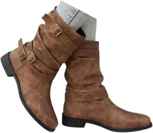 Women's Leather Slouchy Buckle Mid-Calf Boots Comfort Wide Round Toe Slip On Lug Sole Motorcycle Combat Boots Winter Low Heel Knight Boots Wide Calf Knee High Boots