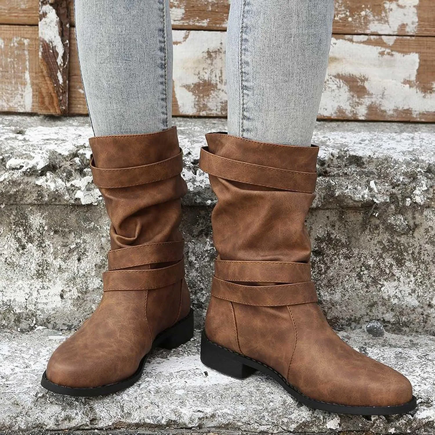 Women's Leather Slouchy Buckle Mid-Calf Boots Comfort Wide Round Toe Slip On Lug Sole Motorcycle Combat Boots Winter Low Heel Knight Boots Wide Calf Knee High Boots