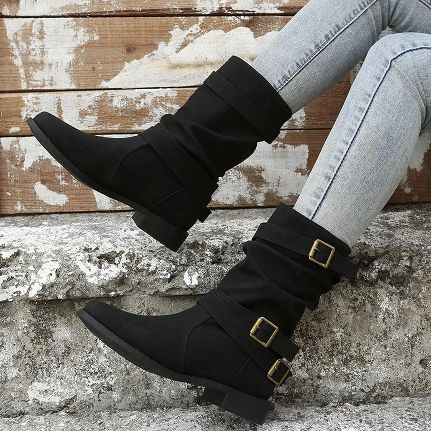 Women's Leather Slouchy Buckle Mid-Calf Boots Comfort Wide Round Toe Slip On Lug Sole Motorcycle Combat Boots Winter Low Heel Knight Boots Wide Calf Knee High Boots