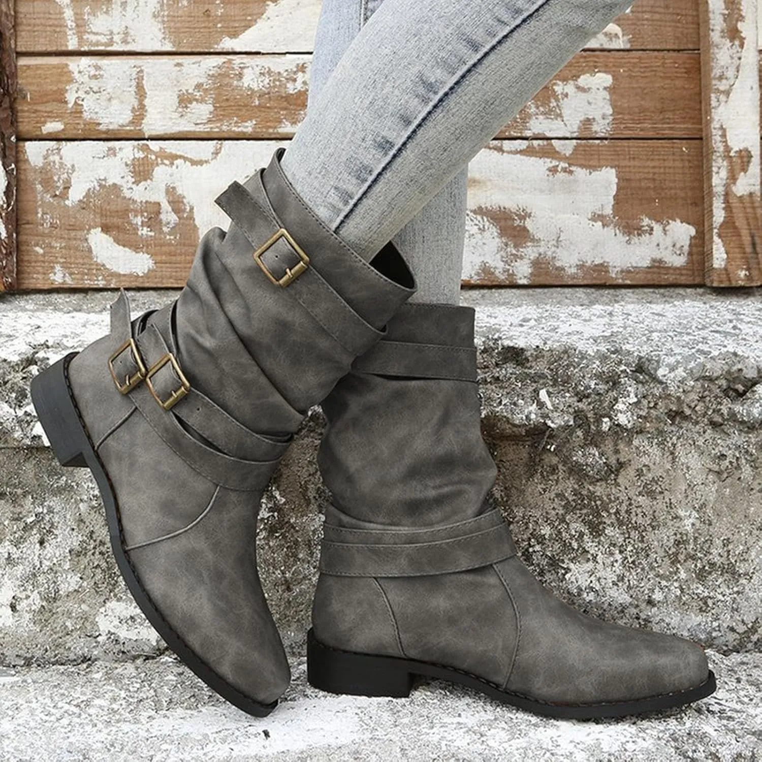 Women's Leather Slouchy Buckle Mid-Calf Boots Comfort Wide Round Toe Slip On Lug Sole Motorcycle Combat Boots Winter Low Heel Knight Boots Wide Calf Knee High Boots