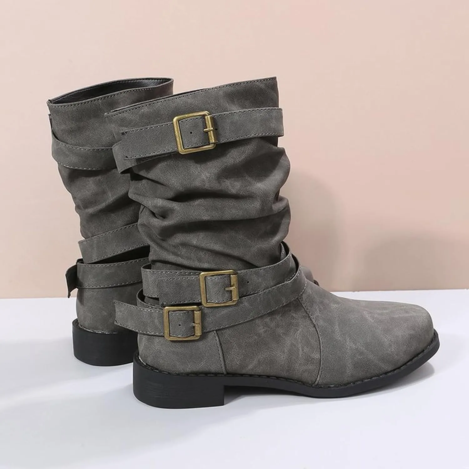 Women's Leather Slouchy Buckle Mid-Calf Boots Comfort Wide Round Toe Slip On Lug Sole Motorcycle Combat Boots Winter Low Heel Knight Boots Wide Calf Knee High Boots