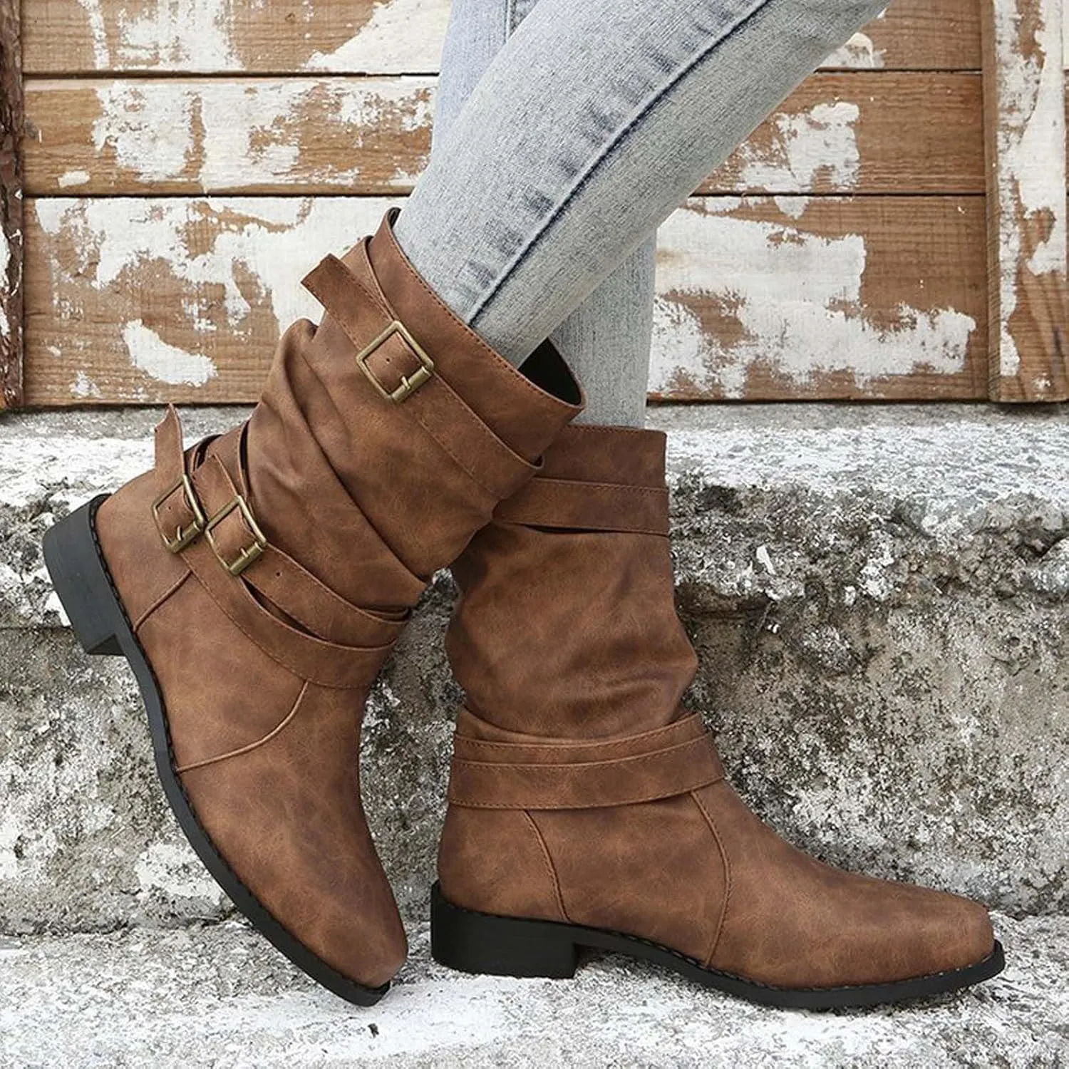 Women's Leather Slouchy Buckle Mid-Calf Boots Comfort Wide Round Toe Slip On Lug Sole Motorcycle Combat Boots Winter Low Heel Knight Boots Wide Calf Knee High Boots