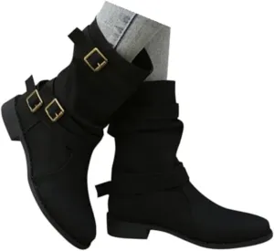 Women's Leather Slouchy Buckle Mid-Calf Boots Comfort Wide Round Toe Slip On Lug Sole Motorcycle Combat Boots Winter Low Heel Knight Boots Wide Calf Knee High Boots