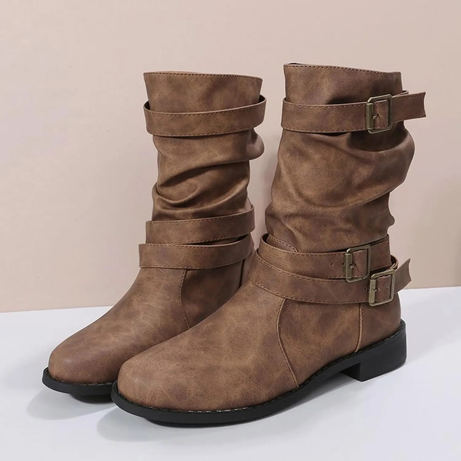 Women's Leather Slouchy Buckle Mid-Calf Boots Comfort Wide Round Toe Slip On Lug Sole Motorcycle Combat Boots Winter Low Heel Knight Boots Wide Calf Knee High Boots