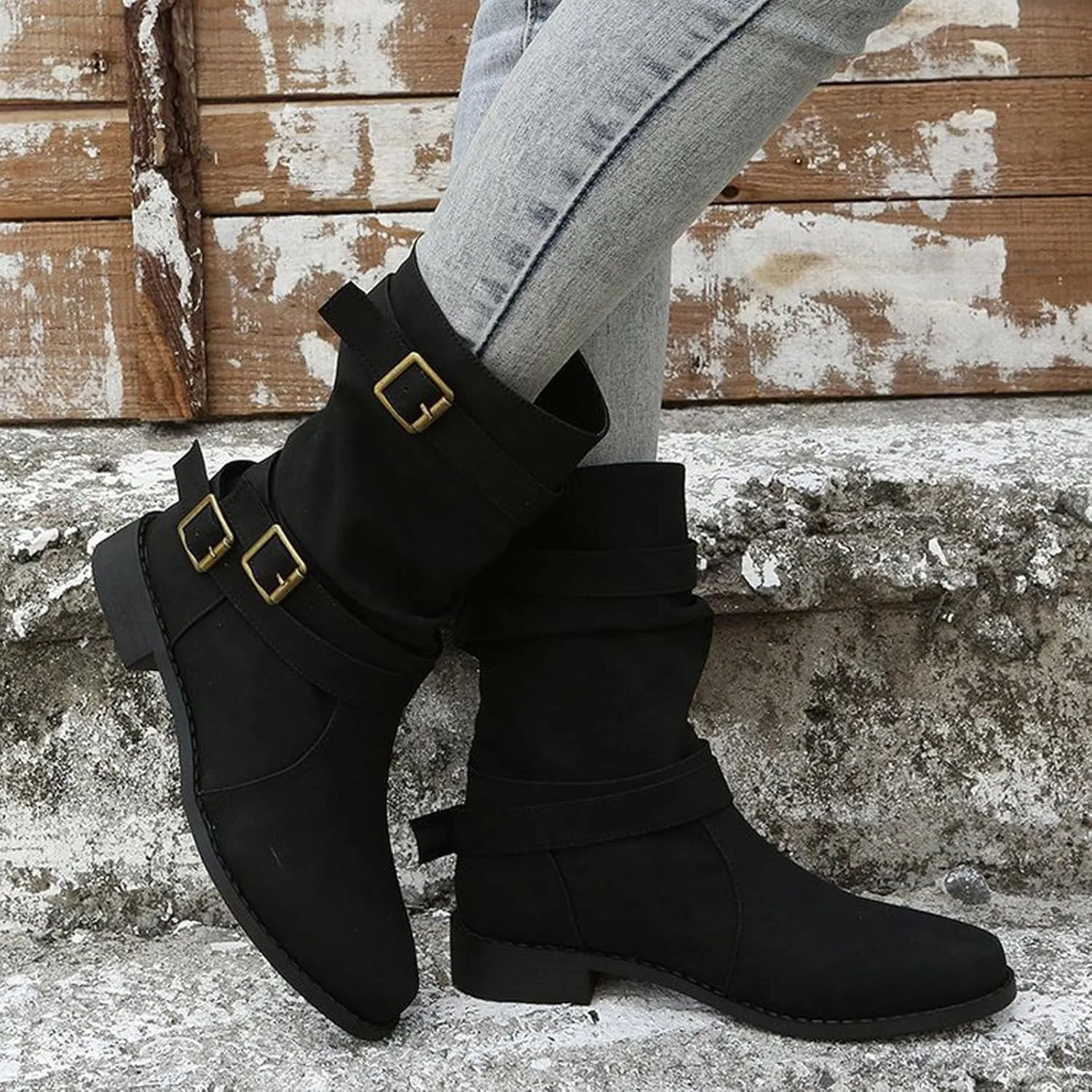 Women's Leather Slouchy Buckle Mid-Calf Boots Comfort Wide Round Toe Slip On Lug Sole Motorcycle Combat Boots Winter Low Heel Knight Boots Wide Calf Knee High Boots