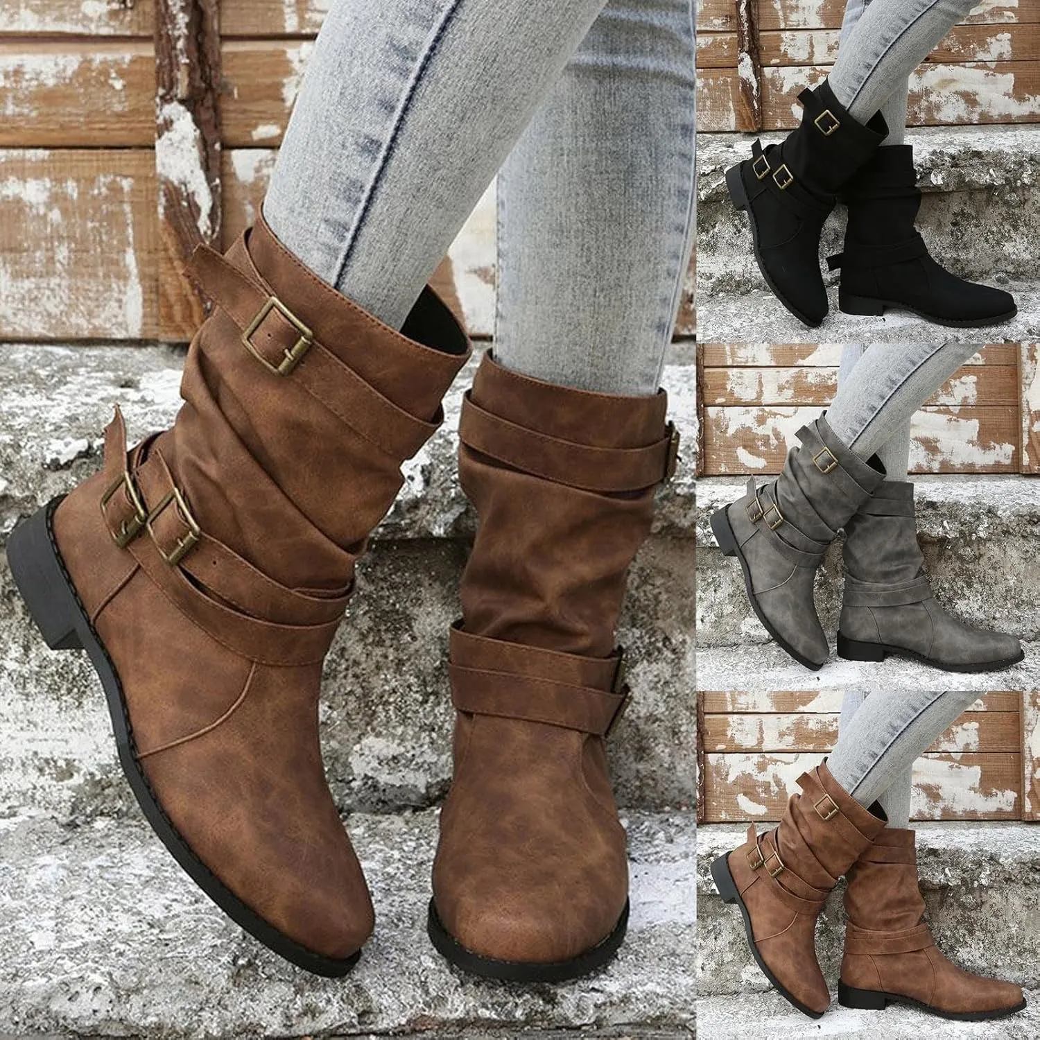 Women's Leather Slouchy Buckle Mid-Calf Boots Comfort Wide Round Toe Slip On Lug Sole Motorcycle Combat Boots Winter Low Heel Knight Boots Wide Calf Knee High Boots