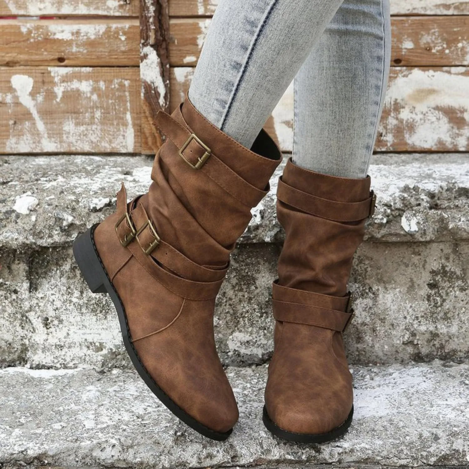 Women's Leather Slouchy Buckle Mid-Calf Boots Comfort Wide Round Toe Slip On Lug Sole Motorcycle Combat Boots Winter Low Heel Knight Boots Wide Calf Knee High Boots