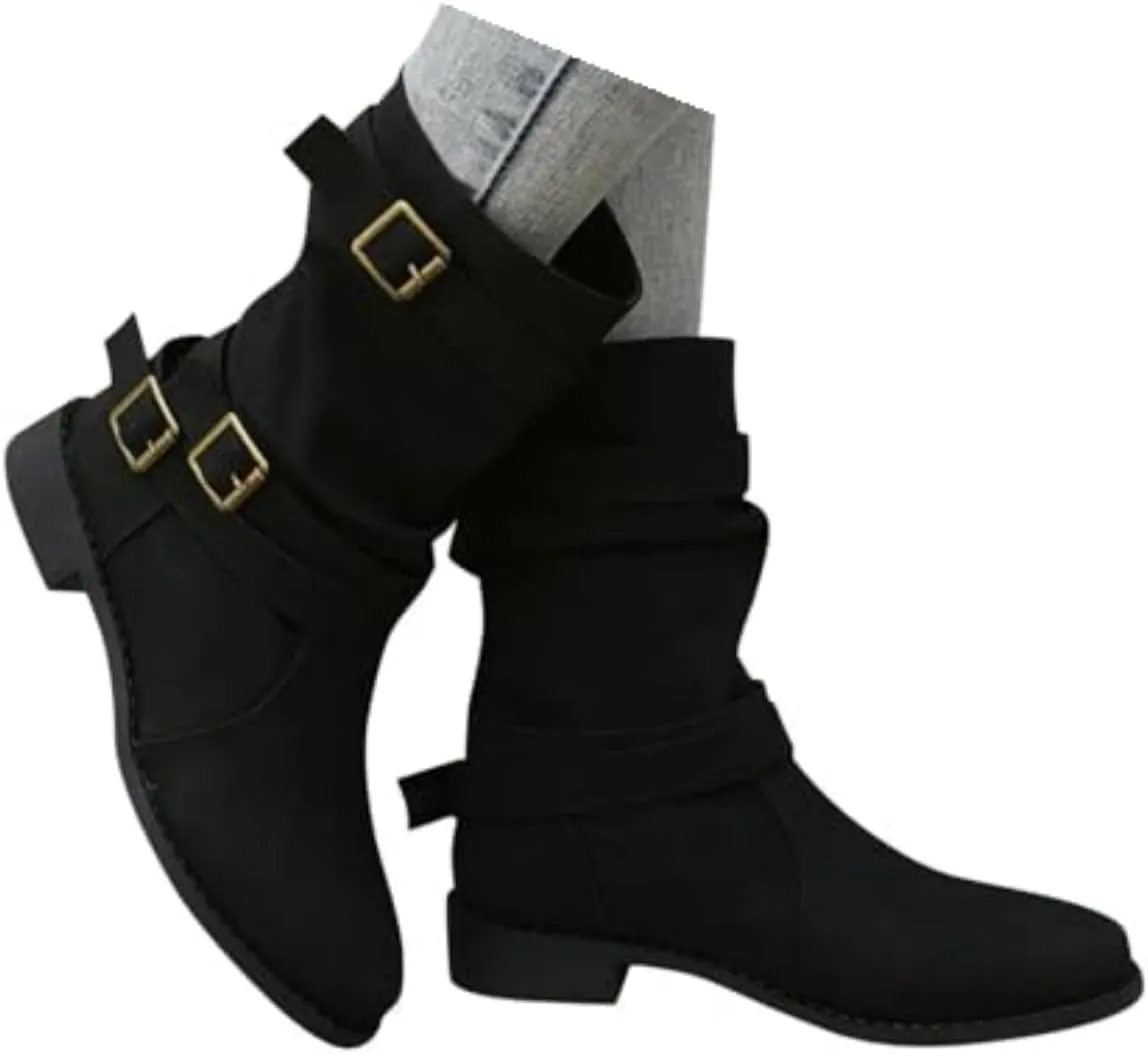 Women's Leather Slouchy Buckle Mid-Calf Boots Comfort Wide Round Toe Slip On Lug Sole Motorcycle Combat Boots Winter Low Heel Knight Boots Wide Calf Knee High Boots