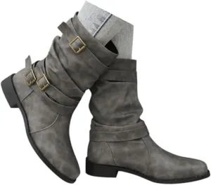 Women's Leather Slouchy Buckle Mid-Calf Boots Comfort Wide Round Toe Slip On Lug Sole Motorcycle Combat Boots Winter Low Heel Knight Boots Wide Calf Knee High Boots