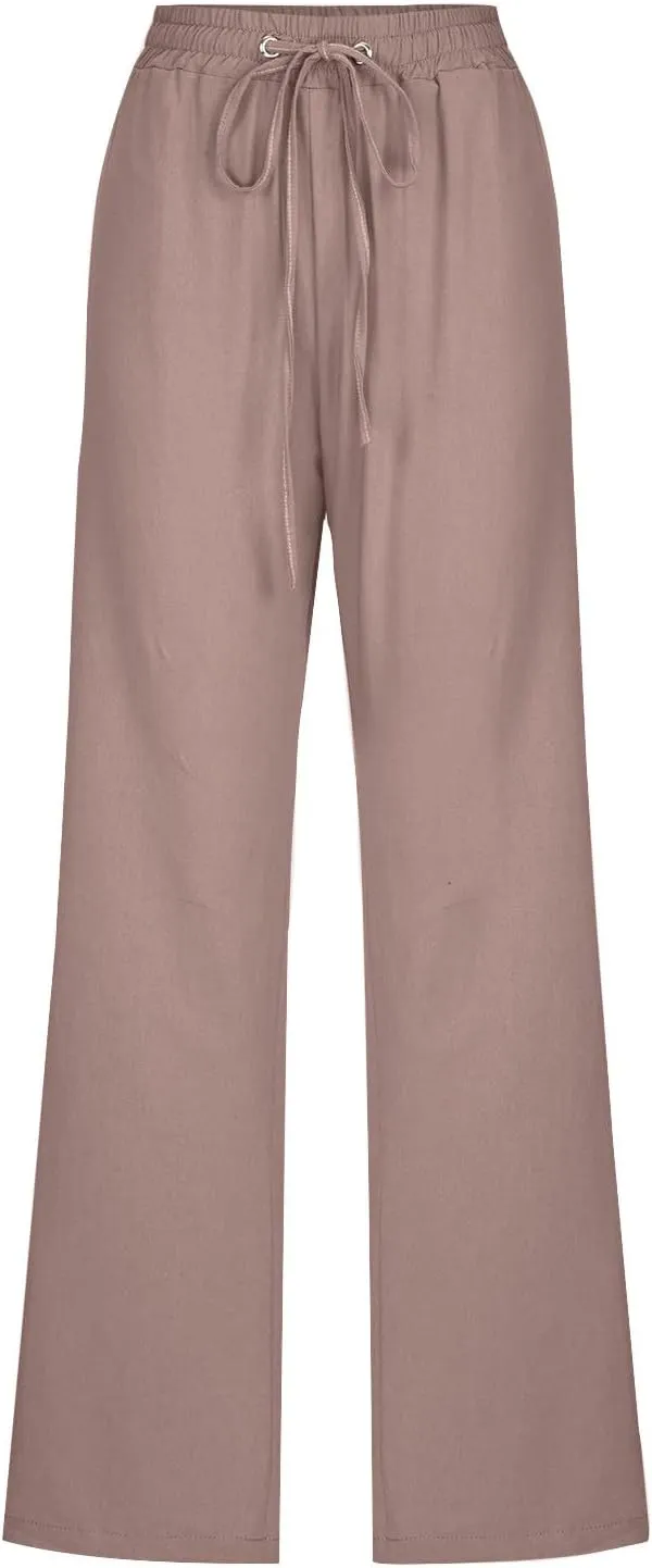 Women's Linen Pants 2025 Causal Summer Loose Drawstring High Waisted Long Pants Trousers with Pockets Plus Size