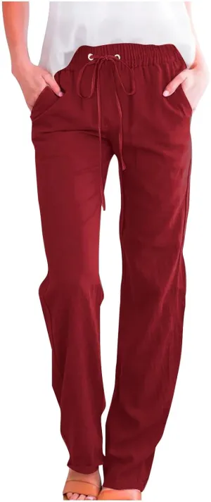 Women's Linen Pants 2025 Causal Summer Loose Drawstring High Waisted Long Pants Trousers with Pockets Plus Size