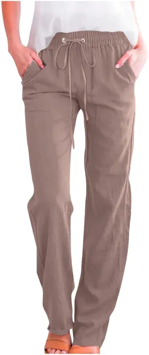 Women's Linen Pants 2025 Causal Summer Loose Drawstring High Waisted Long Pants Trousers with Pockets Plus Size