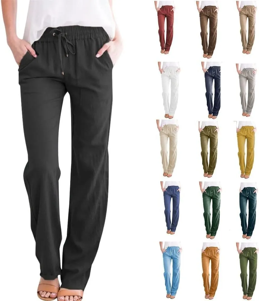 Women's Linen Pants Casual High Waist Pants Lightweight Relaxed Fit Pant Lounge Comfy Sweatpant Summer Long Trouser