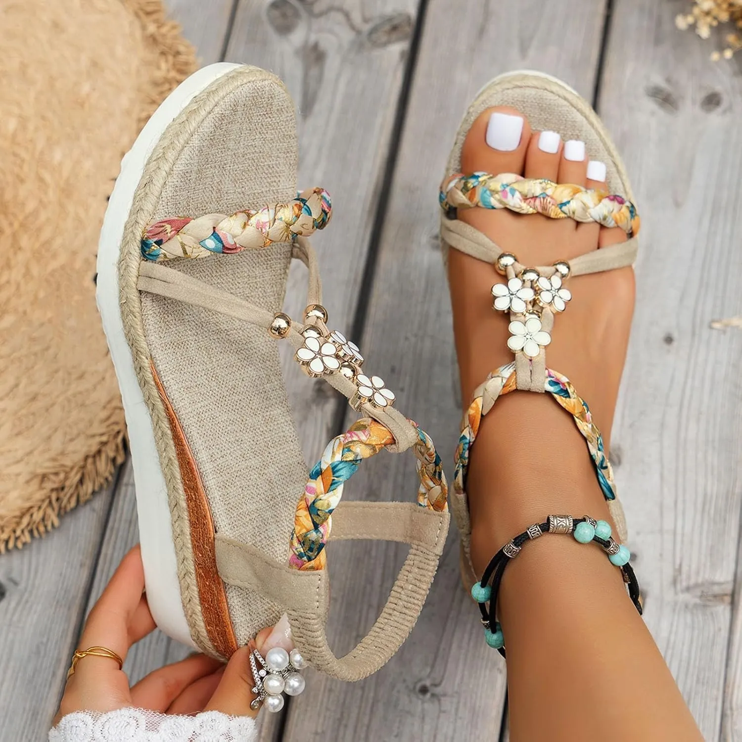 Womens Low Wedge Heels Sandals Wide Width Platform Wedge Sandals Summer Beach Shoe Ankle Elastic Shoes Comfort Elegant Slip On Dressy Shoes Arch Support Walking Sandal