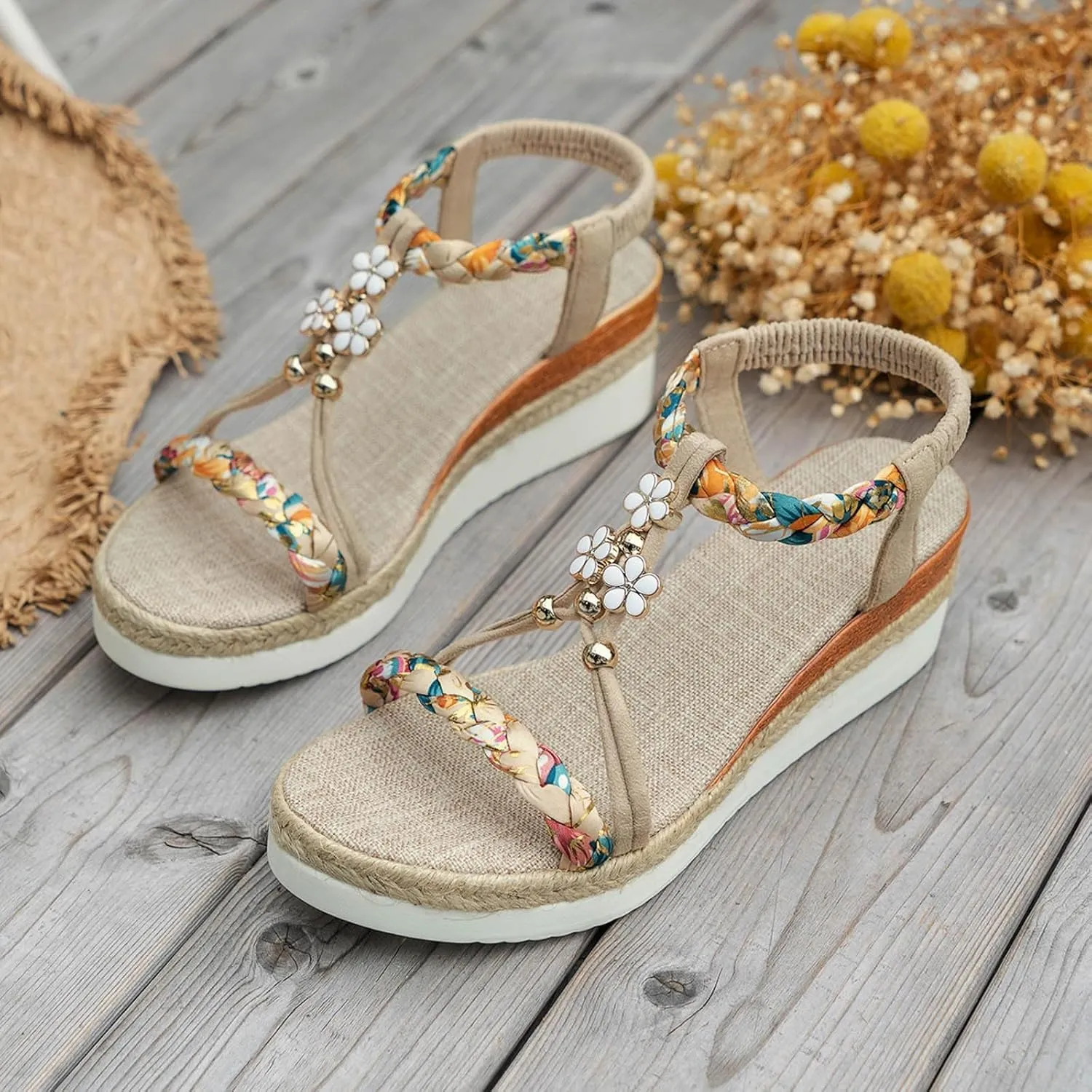 Womens Low Wedge Heels Sandals Wide Width Platform Wedge Sandals Summer Beach Shoe Ankle Elastic Shoes Comfort Elegant Slip On Dressy Shoes Arch Support Walking Sandal