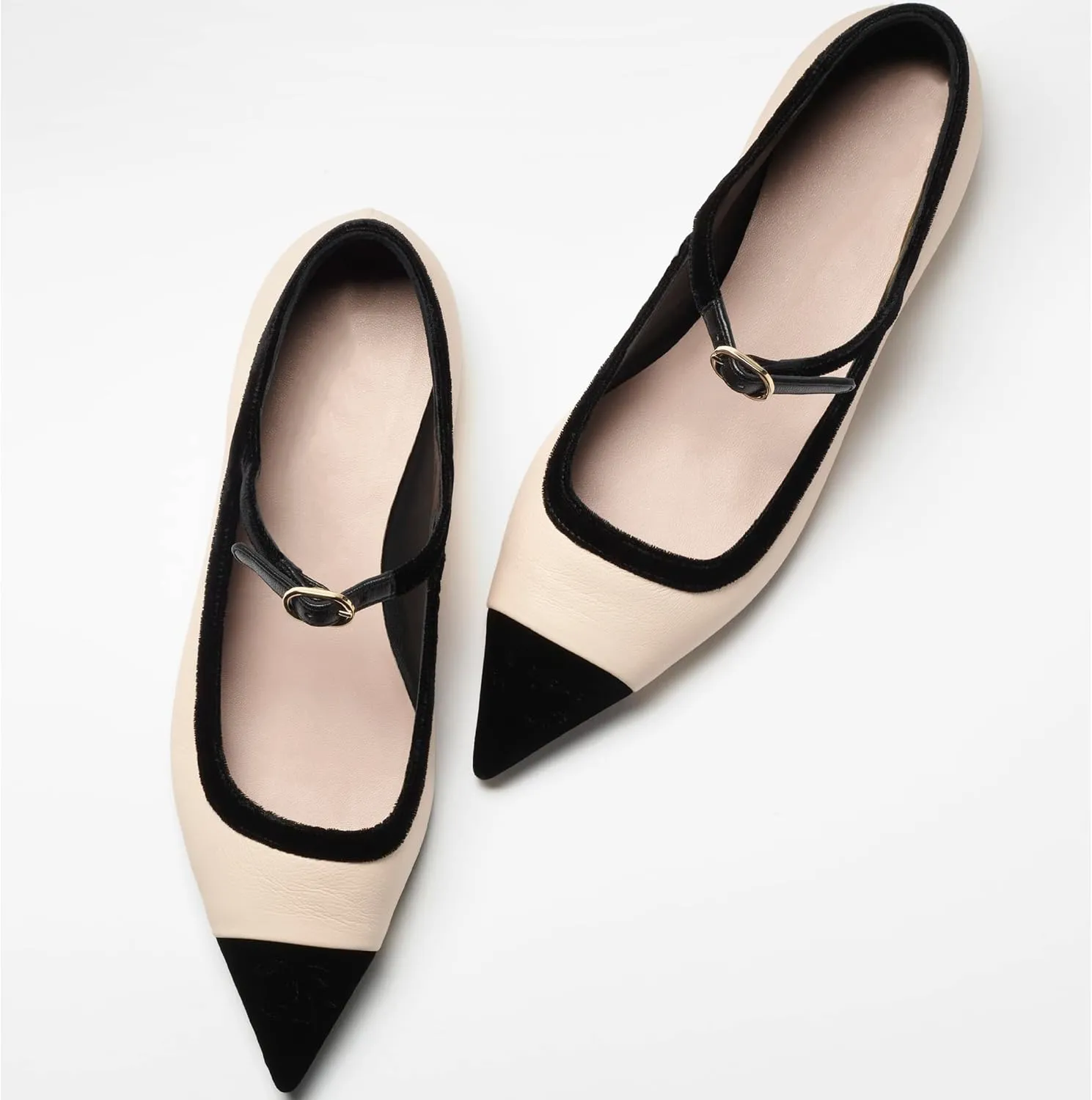 Women’s Mary Jane Flats Shoes Two Tone Splicing Suede Pointed Toe Pumps Buckle Ballet Flat