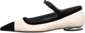 Women’s Mary Jane Flats Shoes Two Tone Splicing Suede Pointed Toe Pumps Buckle Ballet Flat